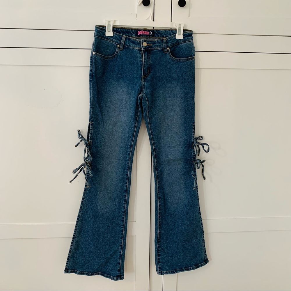 Bubblegum Y2K Low Rise Wide Leg Open Slit Side Tie Jeans Size 9/10
